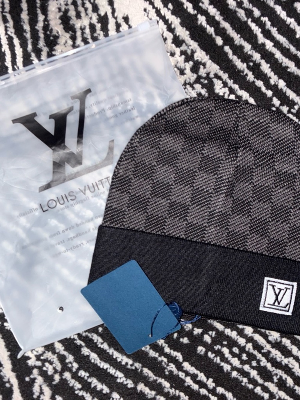 Louis Vuitton Two-Tone Black & Gray Knit Beanie with LV Patch
